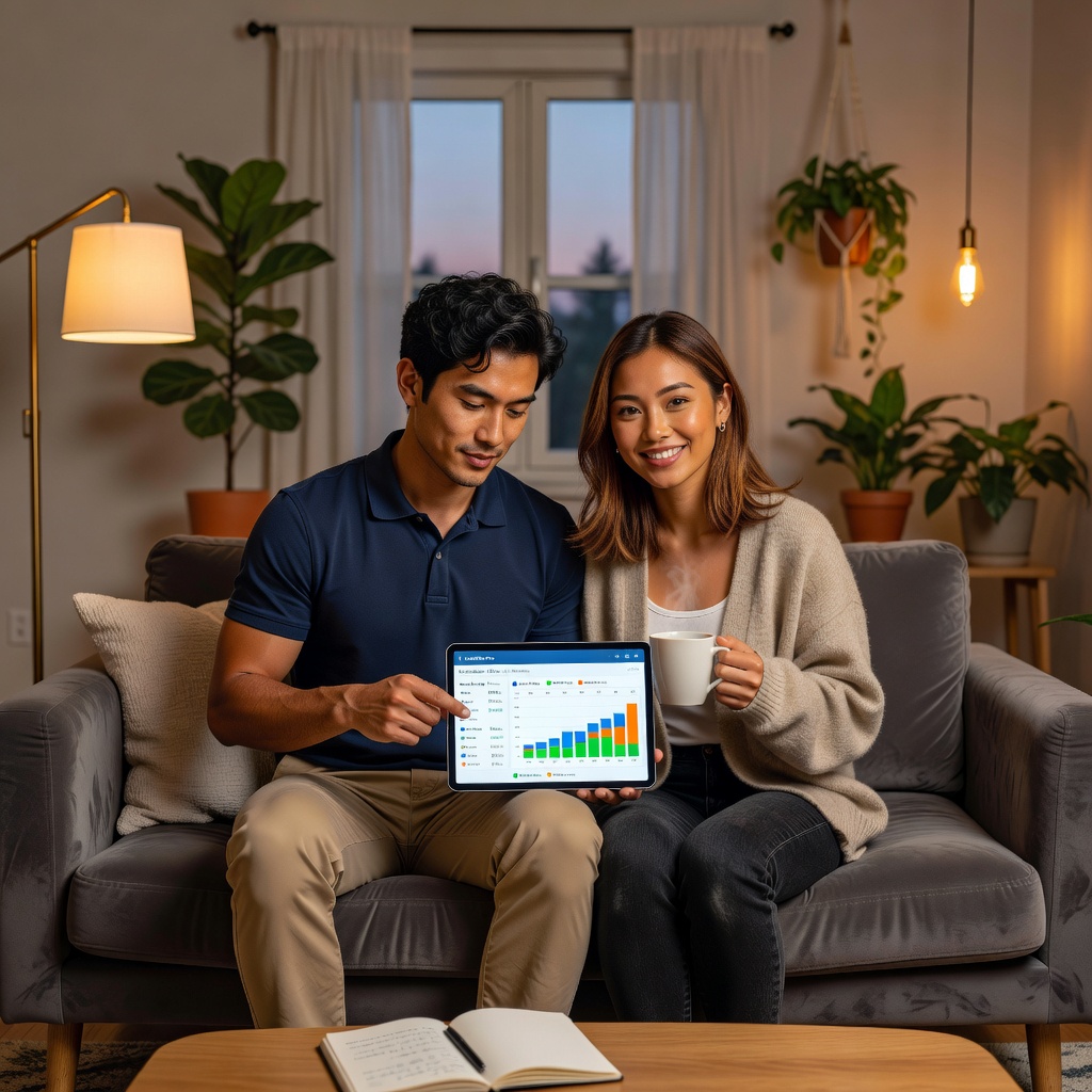 Attractive young Asian man and his cheerful girlfriend reviewing a cash flow calendar on a tablet in a well-lit living room