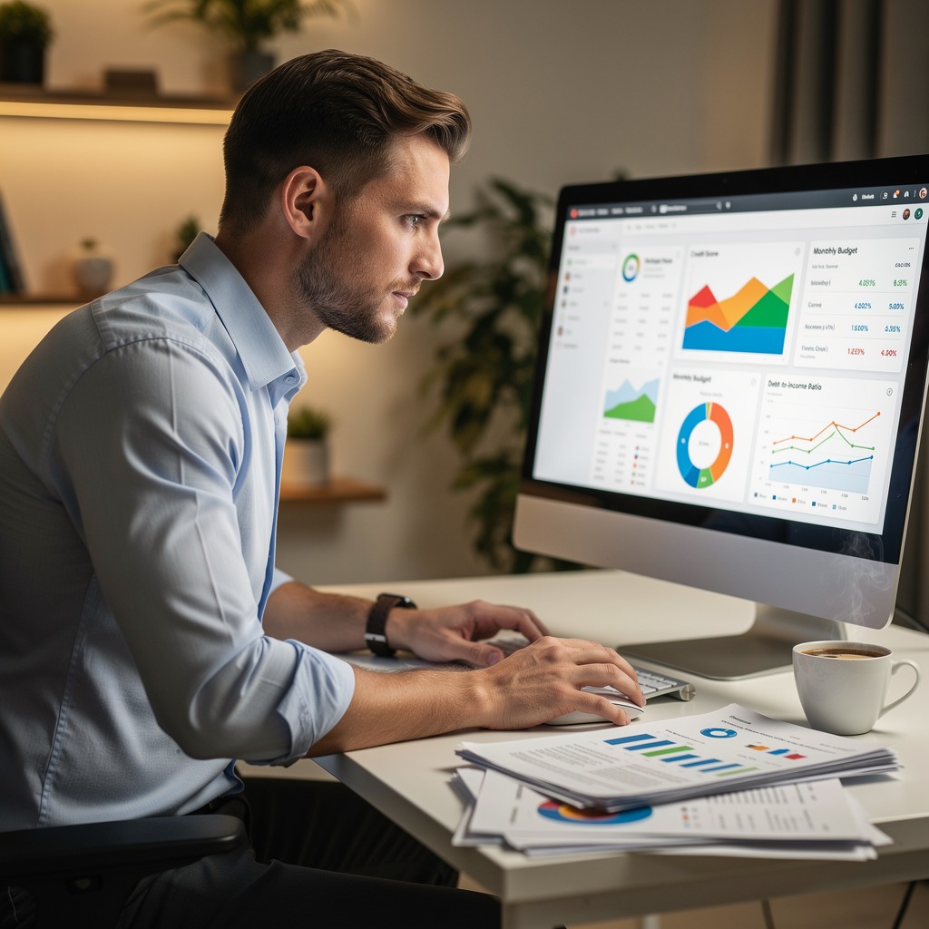 Young man analyzing credit score data on a laptop surrounded by financial documents