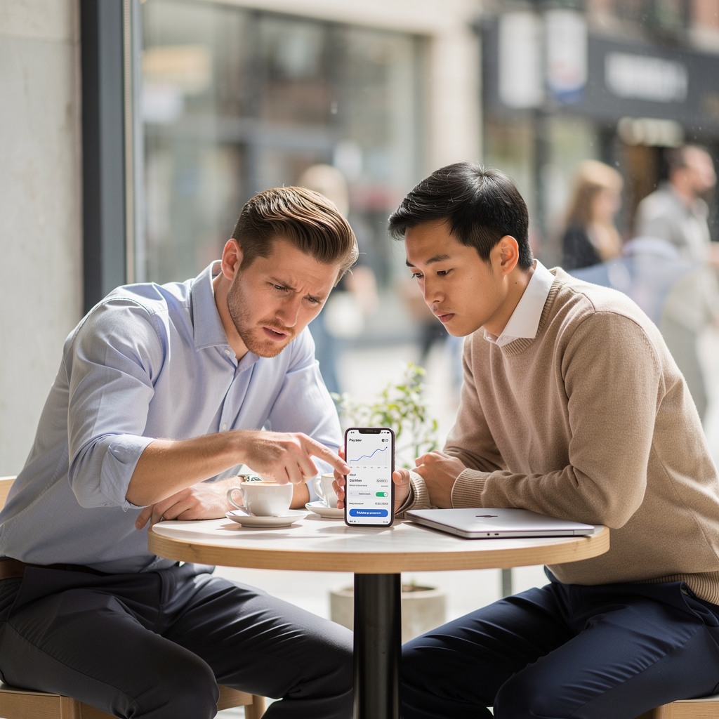 Two young White men reviewing buy now pay later app on smartphone at a cafe