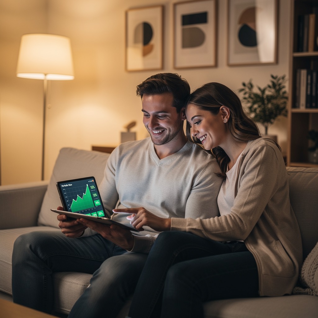 Young White man and his cheerful girlfriend reviewing investment portfolio on a tablet at home