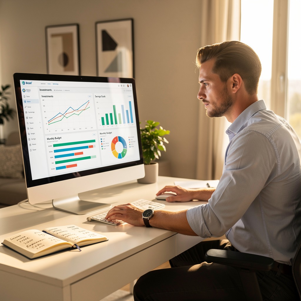 Young man tracking savings on laptop surrounded by financial charts and minimalist workspace