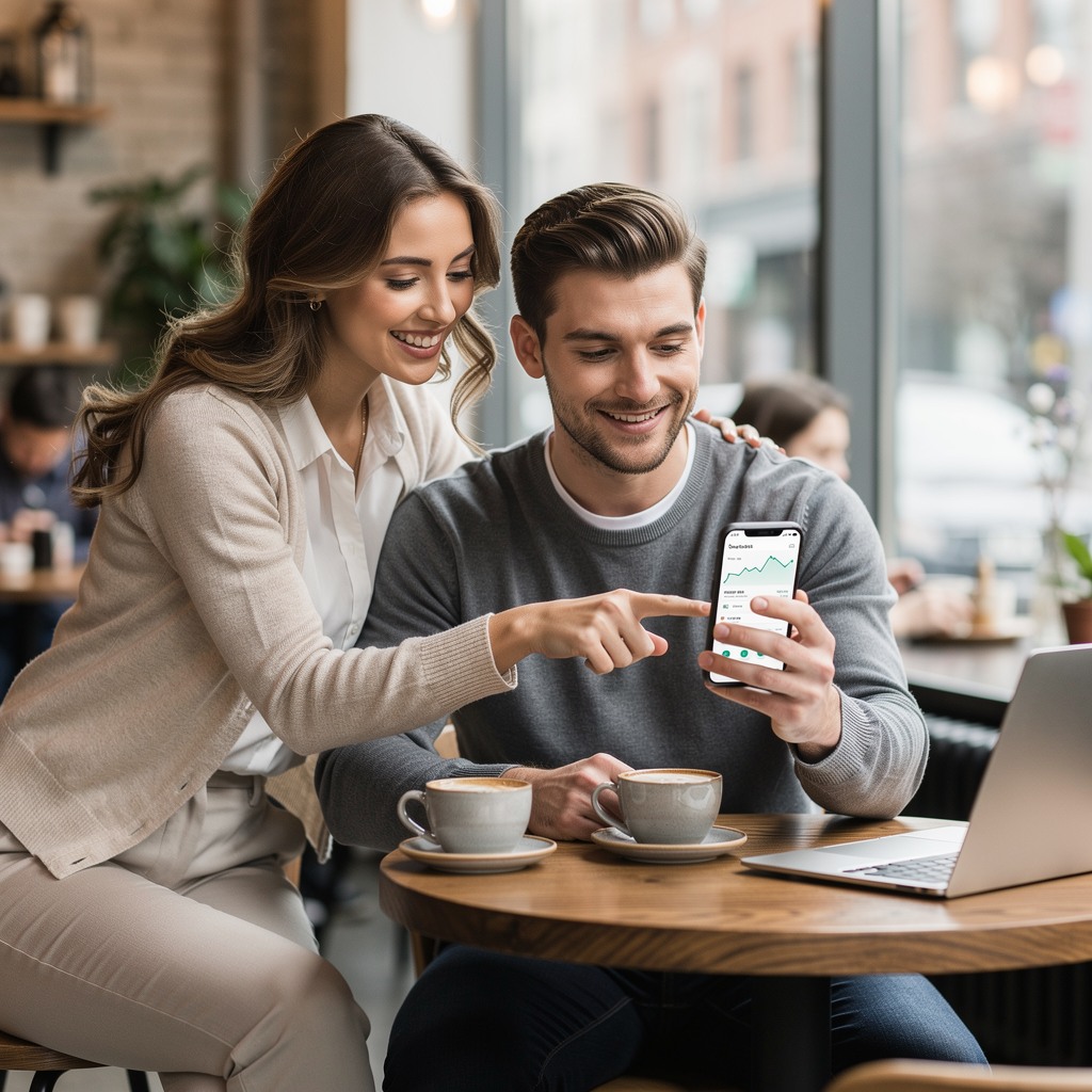 Confident young White man reviewing investment portfolio on phone at a coffee shop, girlfriend beside him smiling