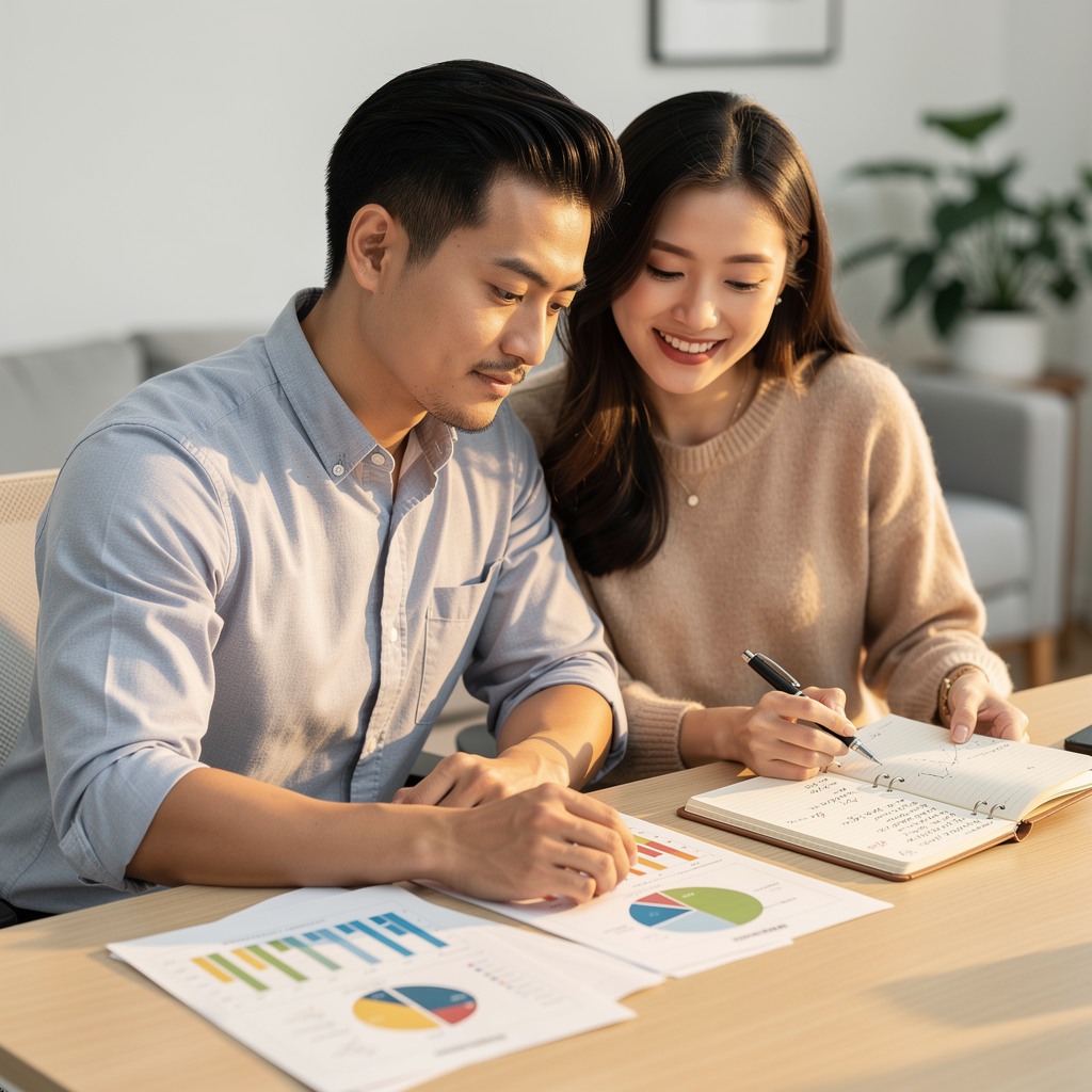 Young Asian man and his cheerful girlfriend looking at financial planning documents together at a modern desk