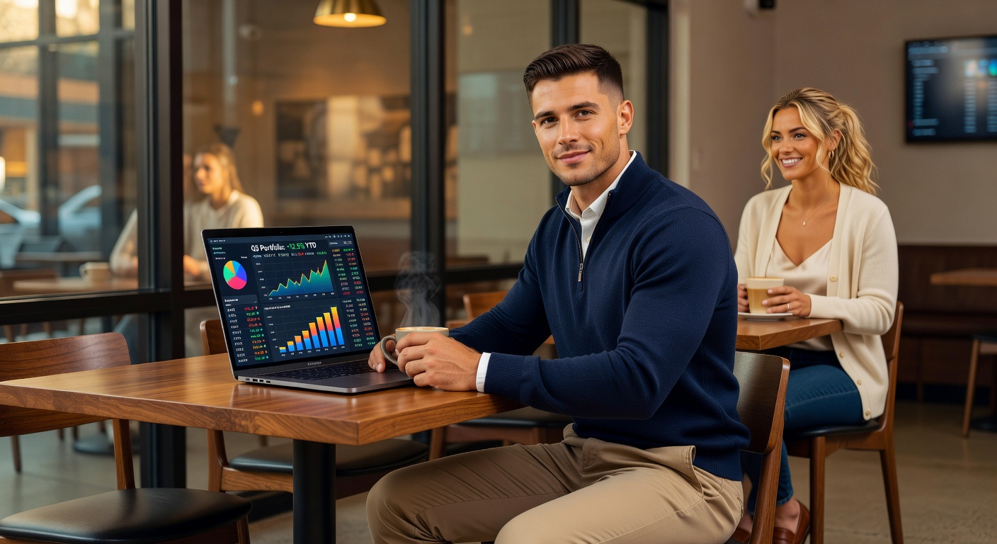 Young man reviewing investment charts on a laptop at a modern coffee shop