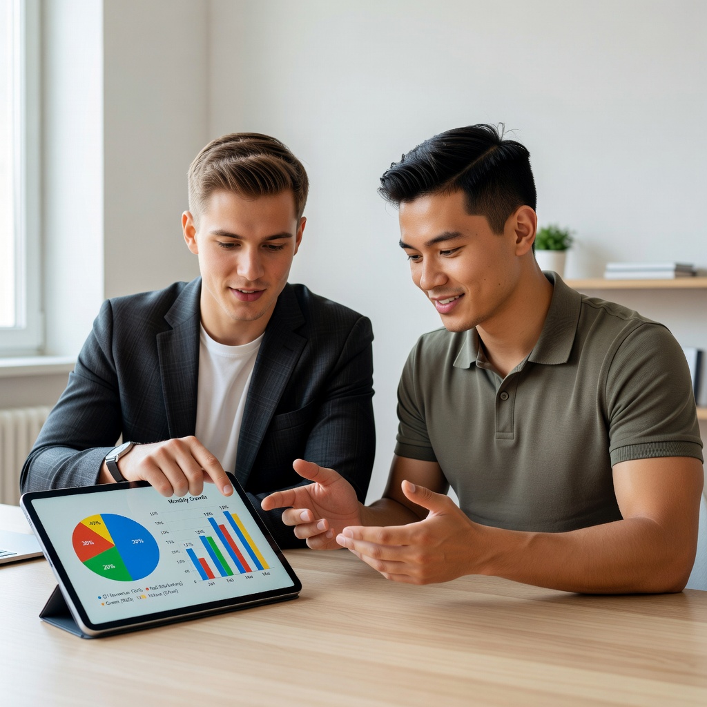 Two young men analyzing a portfolio breakdown on a tablet at a home desk