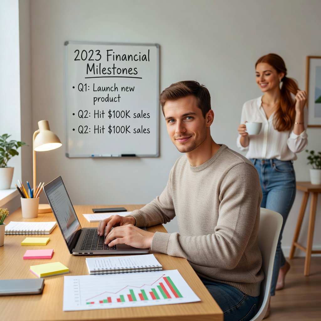 Young man working on a laptop in a bright home studio with notes and charts visible