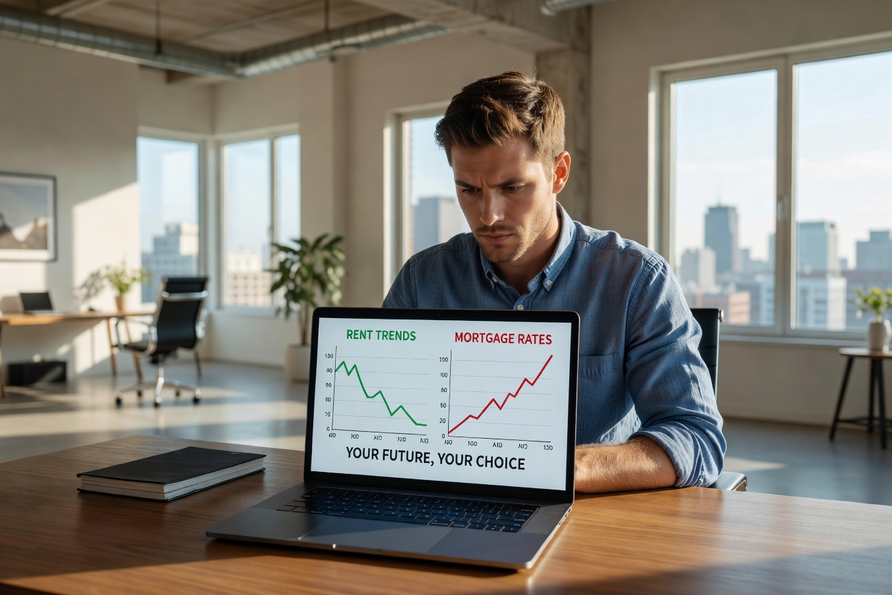 Young White entrepreneur analyzing rent vs buy charts on laptop in modern loft