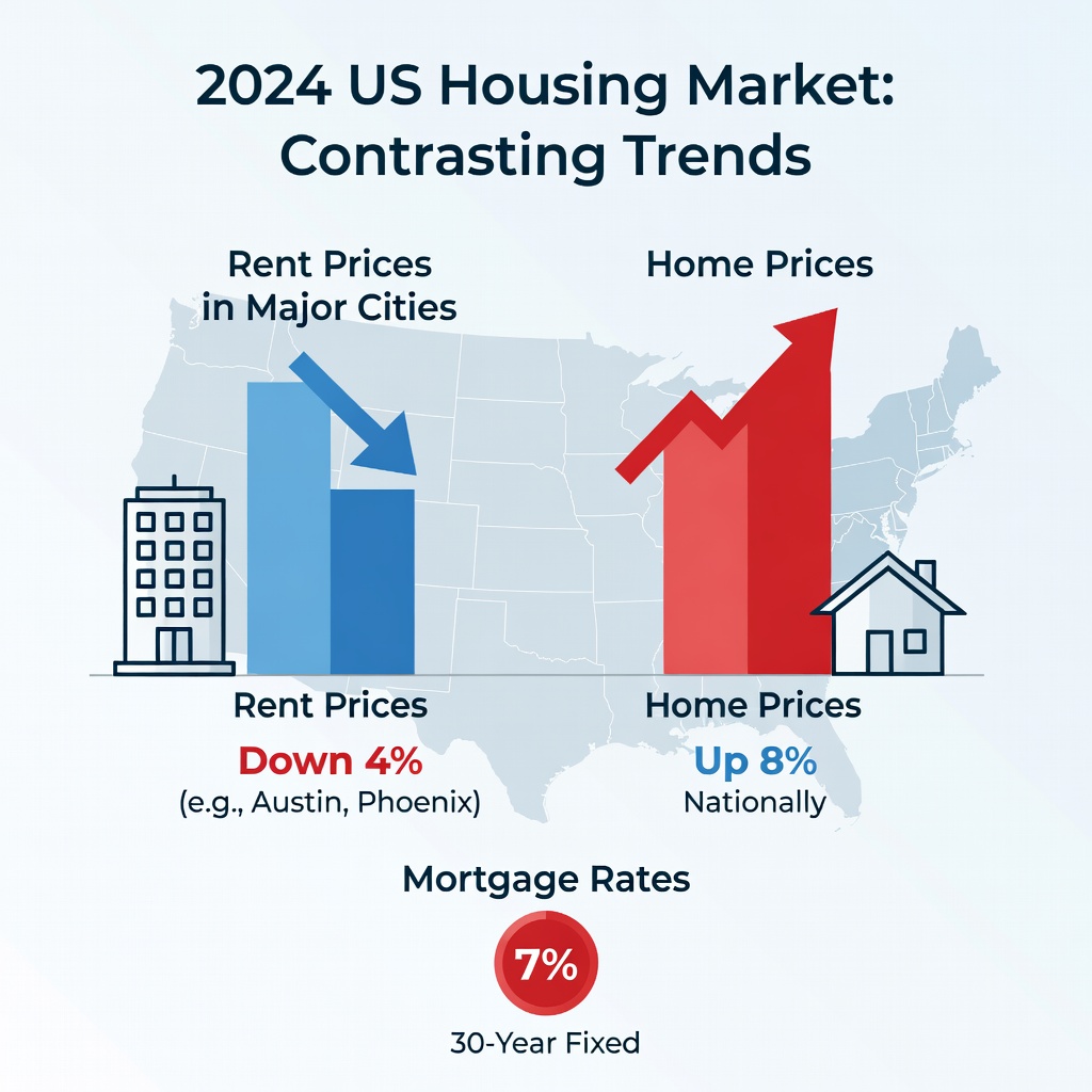 Infographic comparing rent drop charts vs rising mortgage rates and home prices