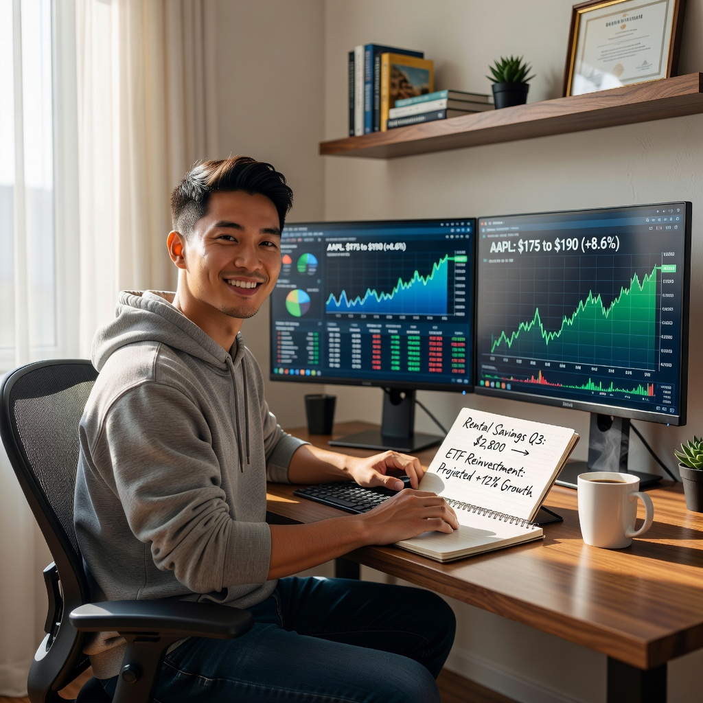 Young Asian investor celebrating portfolio growth in minimalist home office