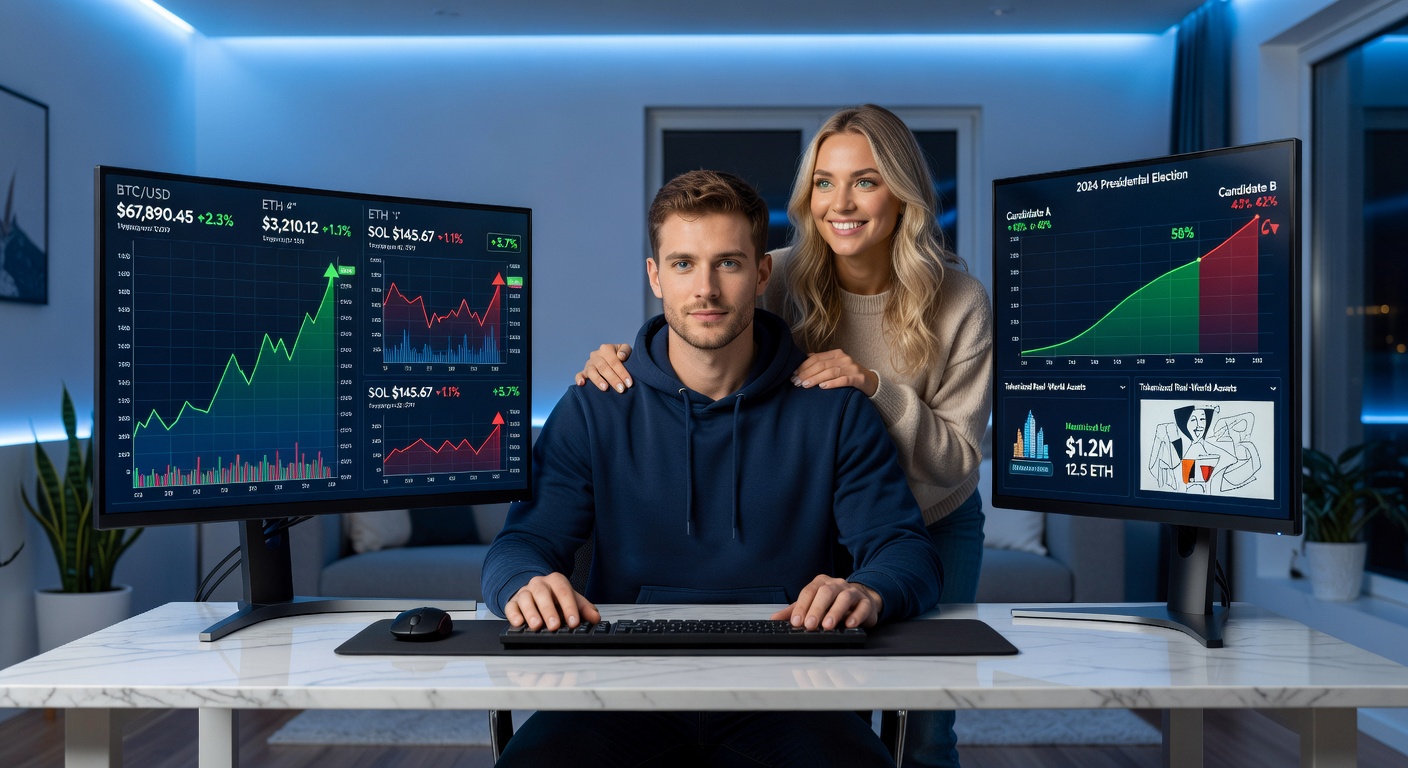 Young man trading on laptop with crypto charts and real-world asset tokens on multiple screens