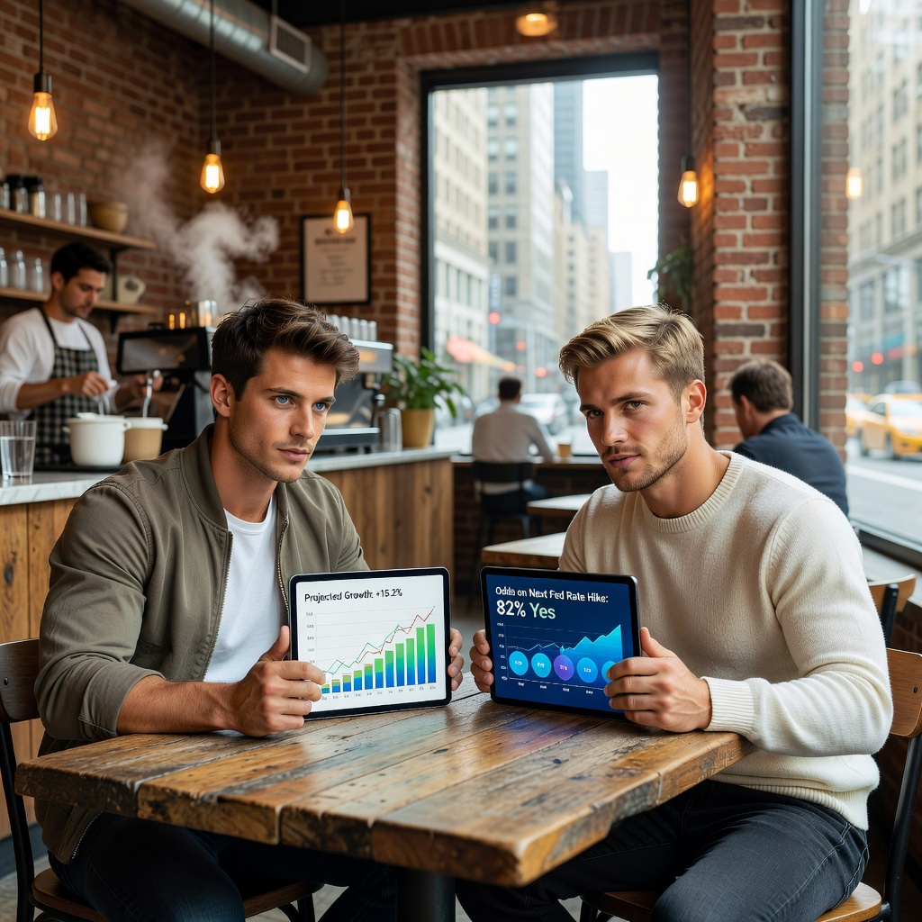 Two young White men analyzing prediction market data on tablets at a coffee shop