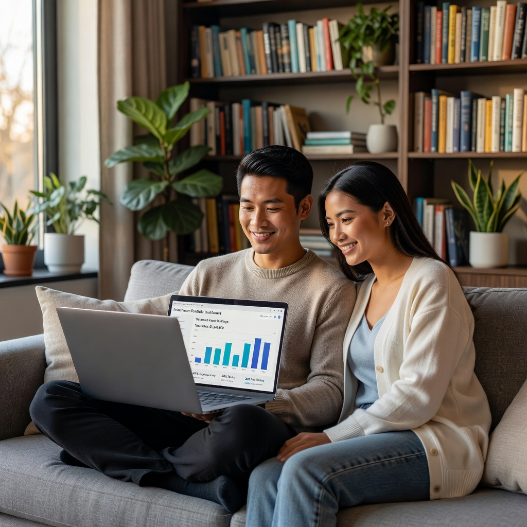 Asian man and his cheerful girlfriend reviewing investment portfolio on a laptop at home