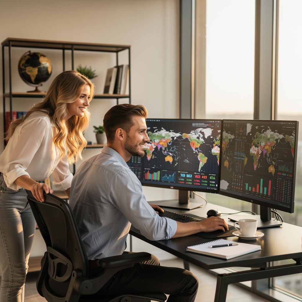 Young man working remotely on a laptop with a world map and financial charts in the background