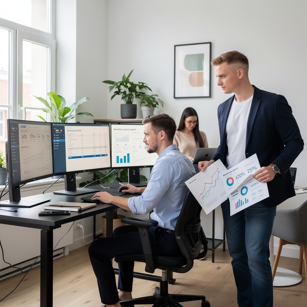 Two young White men reviewing financial data and freelance income charts on dual monitors in a modern home office
