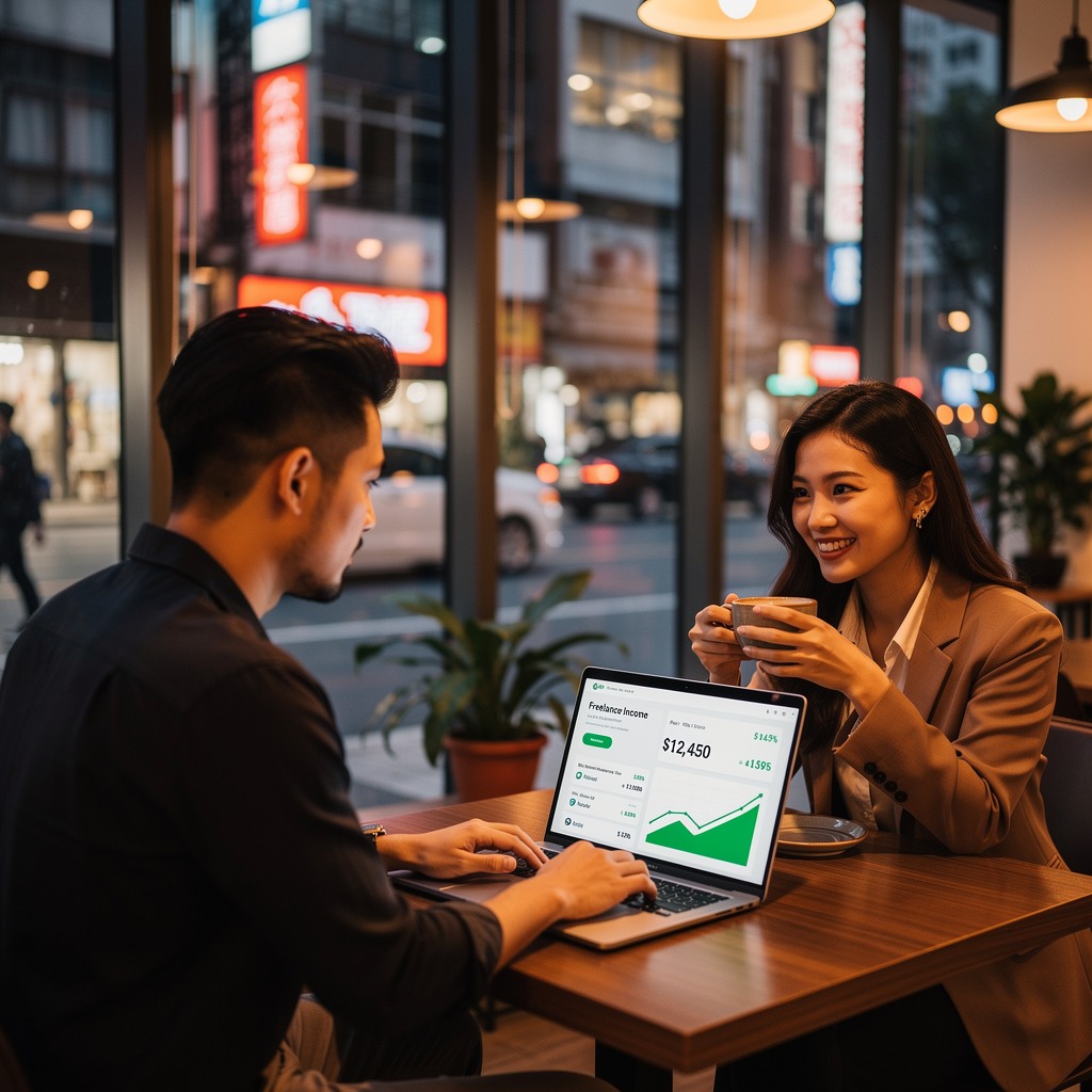 Young Asian man and his cheerful girlfriend reviewing a laptop showing freelance income dashboard at a coffee shop in a vibrant Asian city