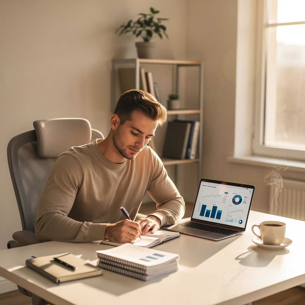 A focused young man working quietly at a desk surrounded by notebooks and financial charts