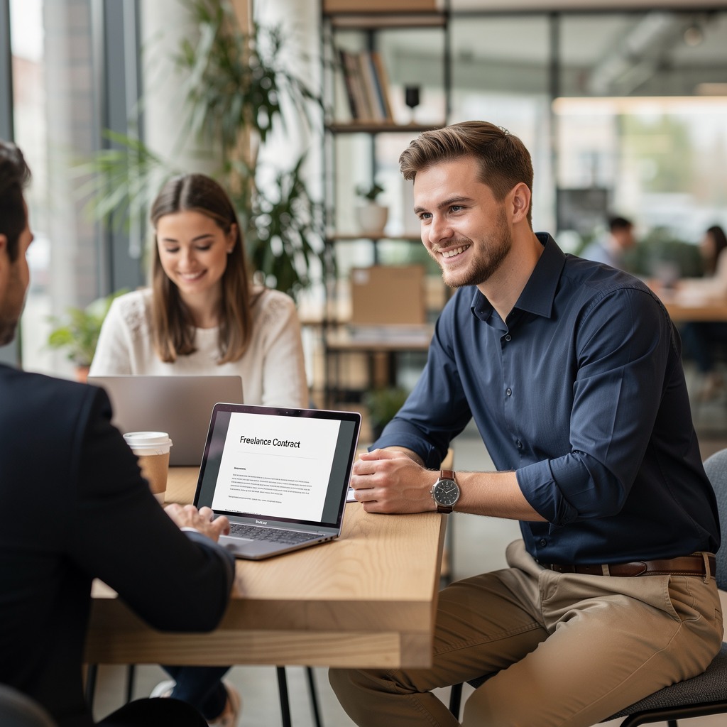 A young White man in a casual business meeting reviewing a freelance contract on a laptop