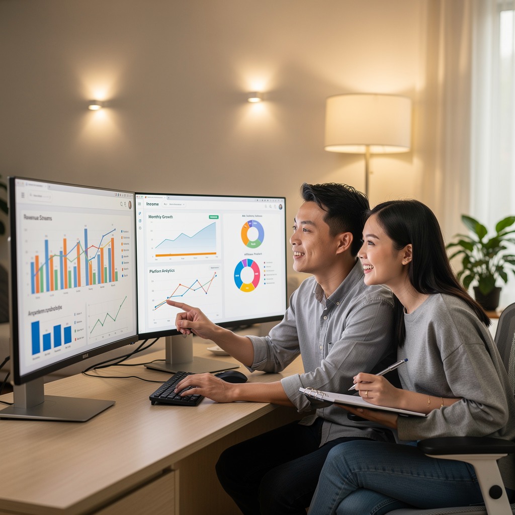 A young Asian man and his cheerful girlfriend reviewing a multi-platform income dashboard on dual monitors