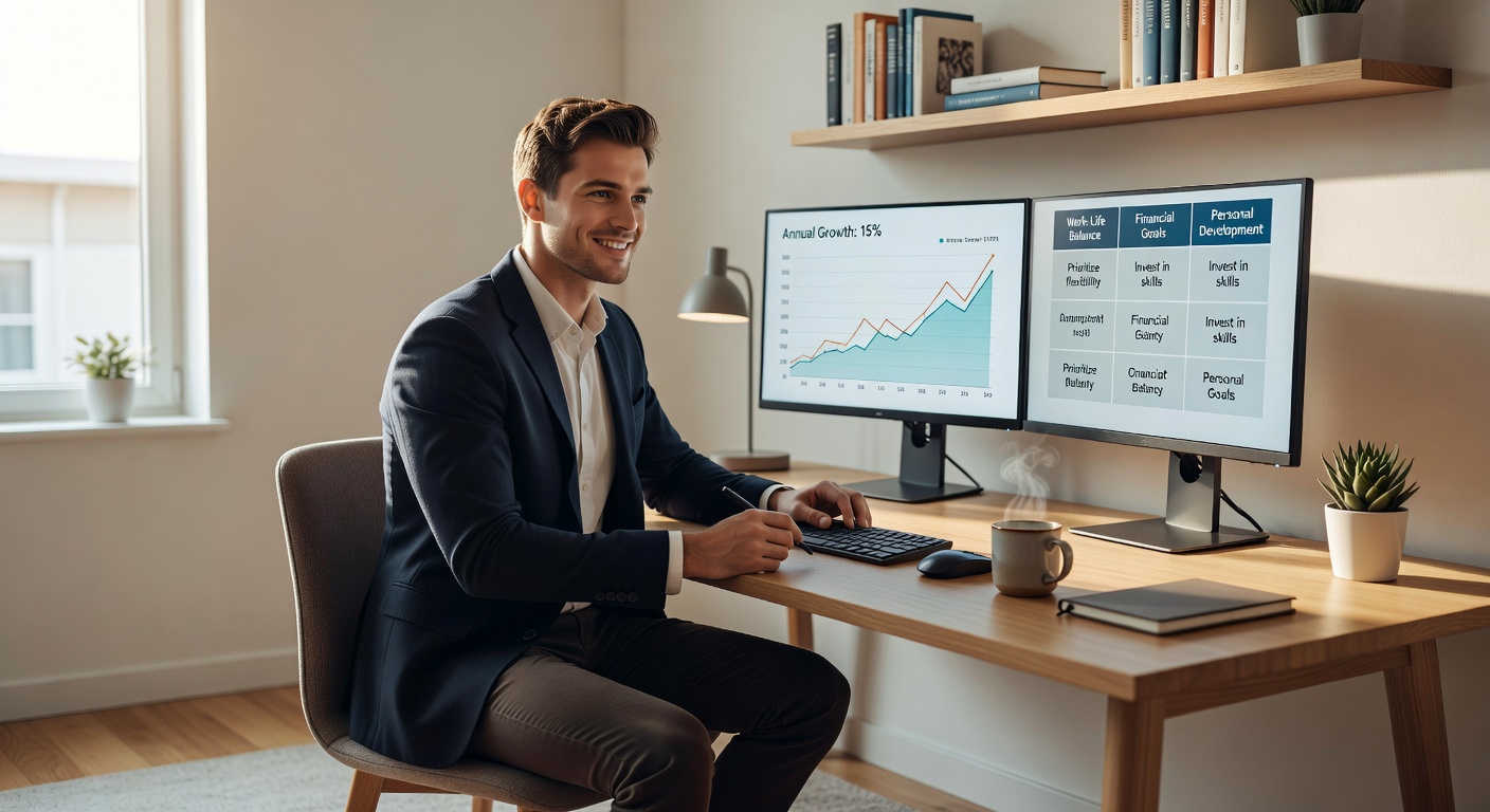 Young man confidently reviewing financial charts and lifestyle options at a modern desk