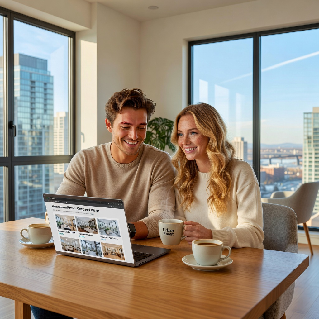 Attractive young White couple comparing housing options on a laptop in a bright modern apartment