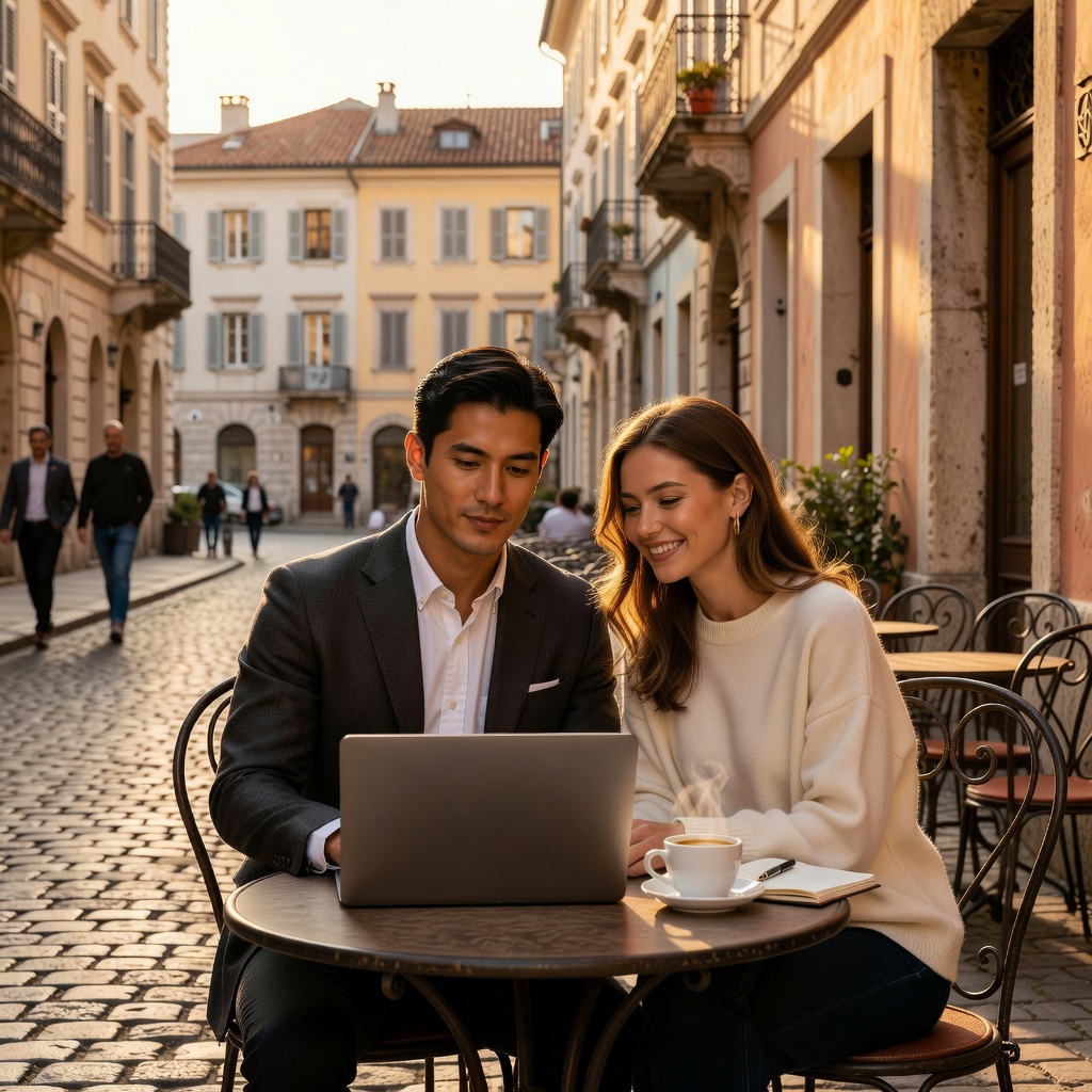 Good looking young Asian man working on a laptop at a scenic European cafe, cheerful girlfriend beside him