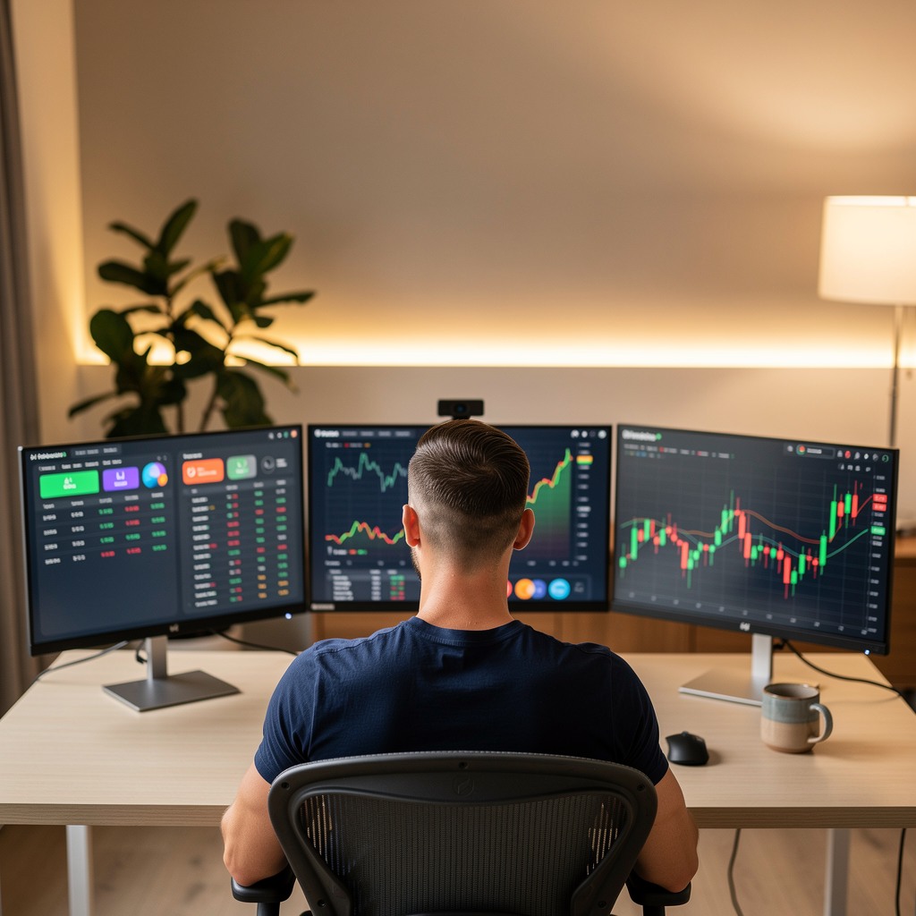 Young man analyzing fintech app performance data on multiple screens