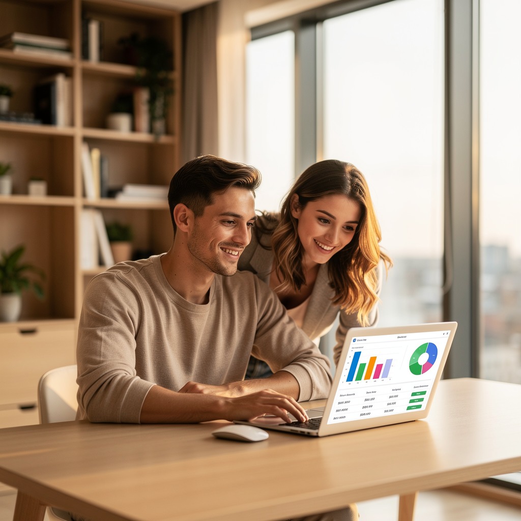 Smiling young White man reviewing financial dashboard on laptop at a clean modern desk