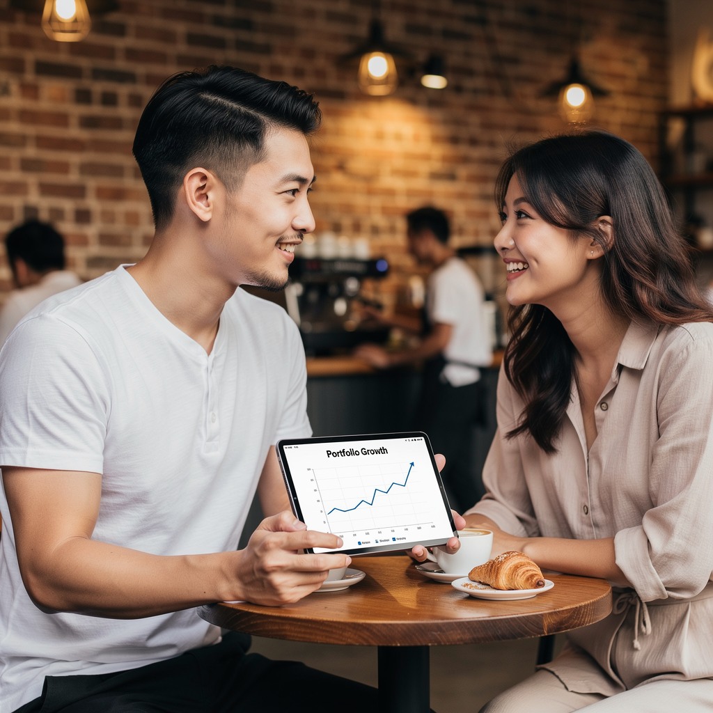 Young Asian man and his cheerful girlfriend reviewing investment performance on a tablet at a coffee shop