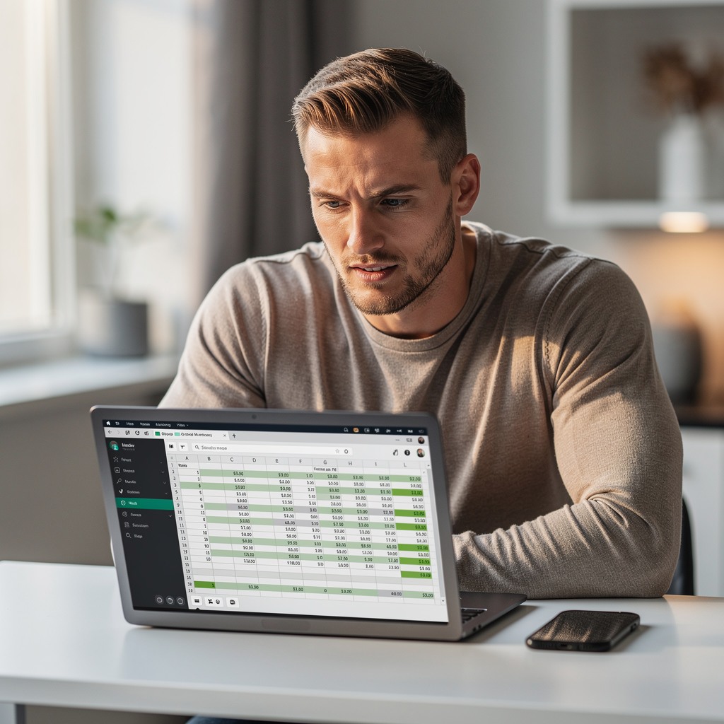 Young man reviewing finances on laptop with phone showing social media
