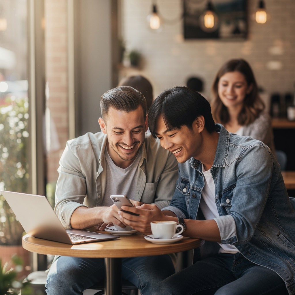 Two young White men laughing while looking at phone content together at a cafe