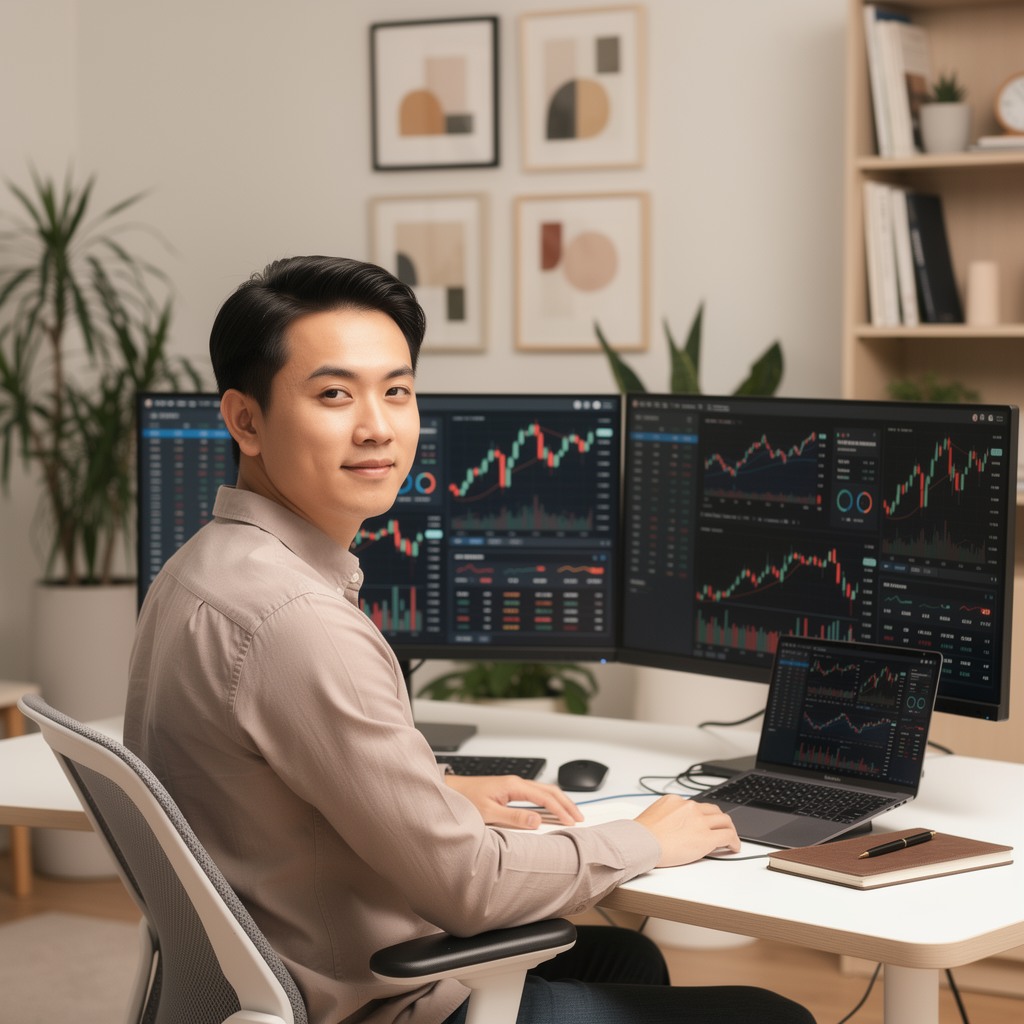 Young Asian man reviewing investment portfolio charts on a desktop monitor in a clean home office