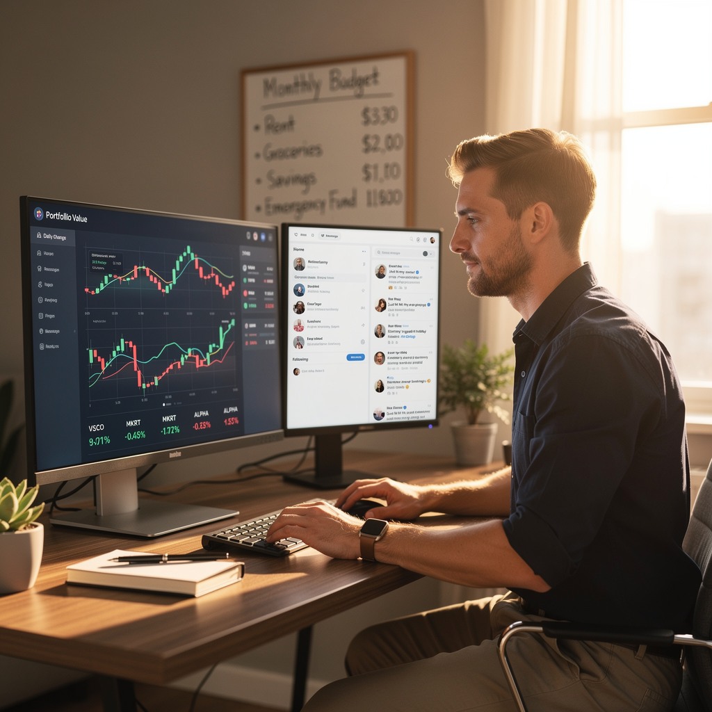 Young man analyzing financial trends on phone and laptop