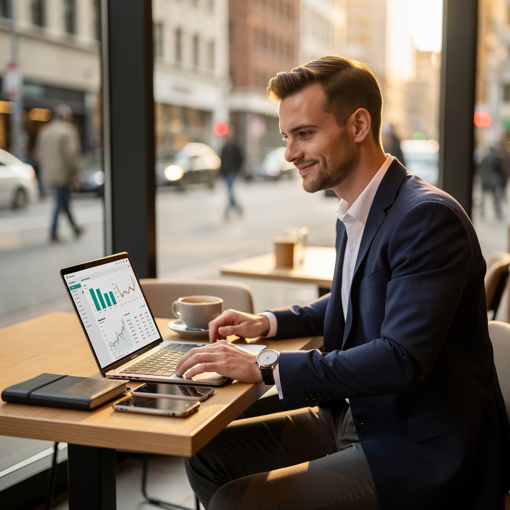 Confident young White man reviewing investment portfolio on laptop at a coffee shop
