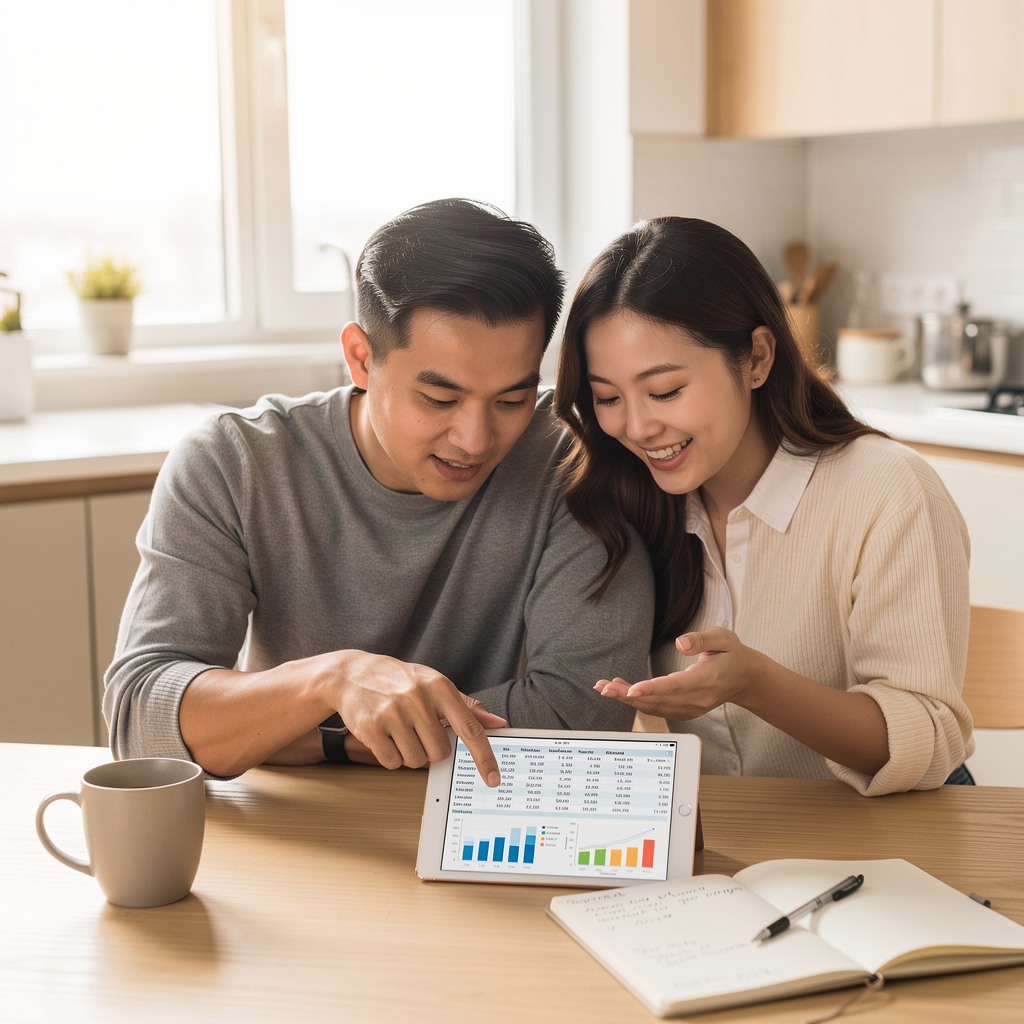 Young Asian man and his cheerful girlfriend reviewing a budget spreadsheet together at home