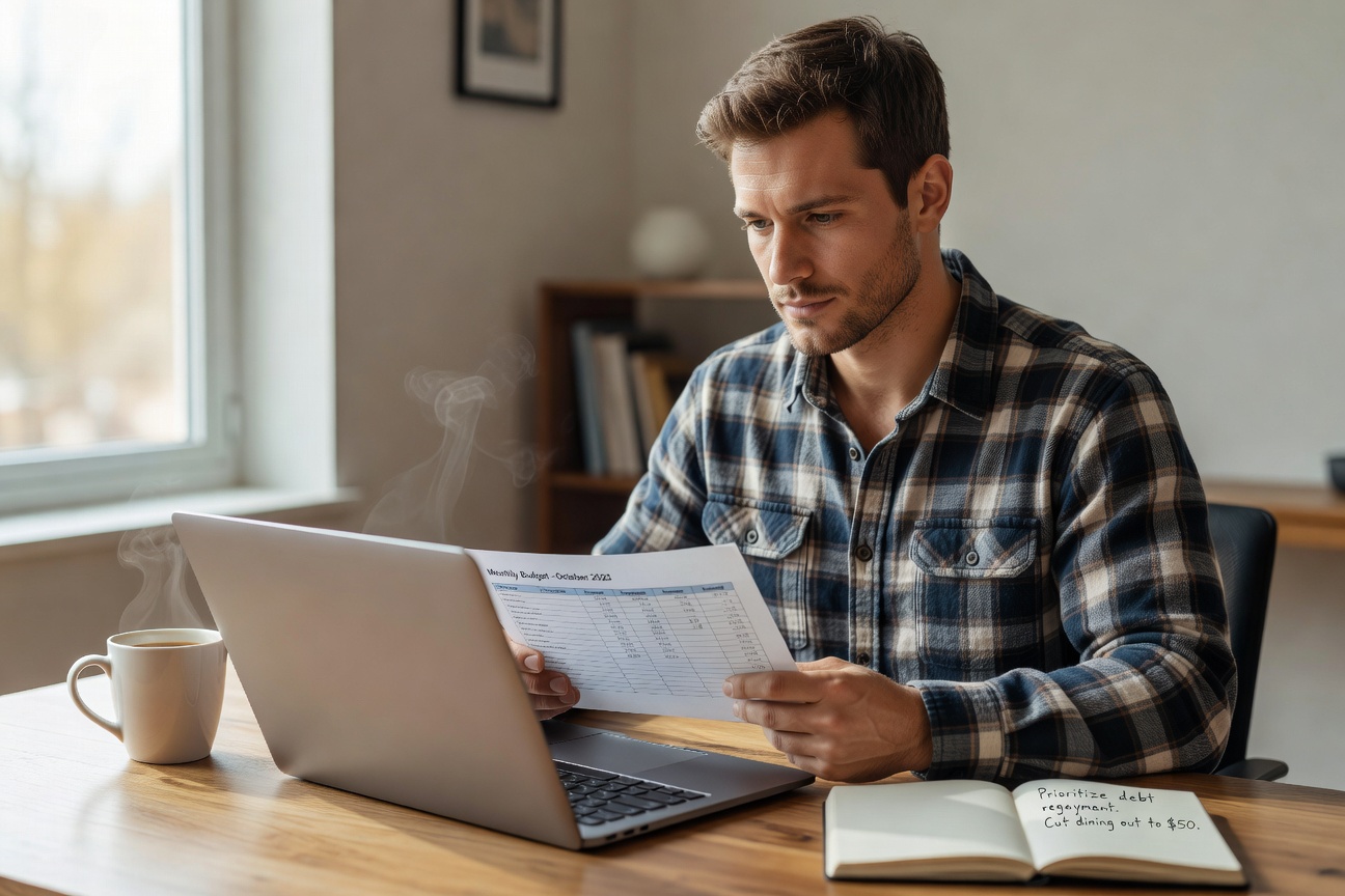 Young man reviewing budget spreadsheet at a tidy desk with a coffee and notebook
