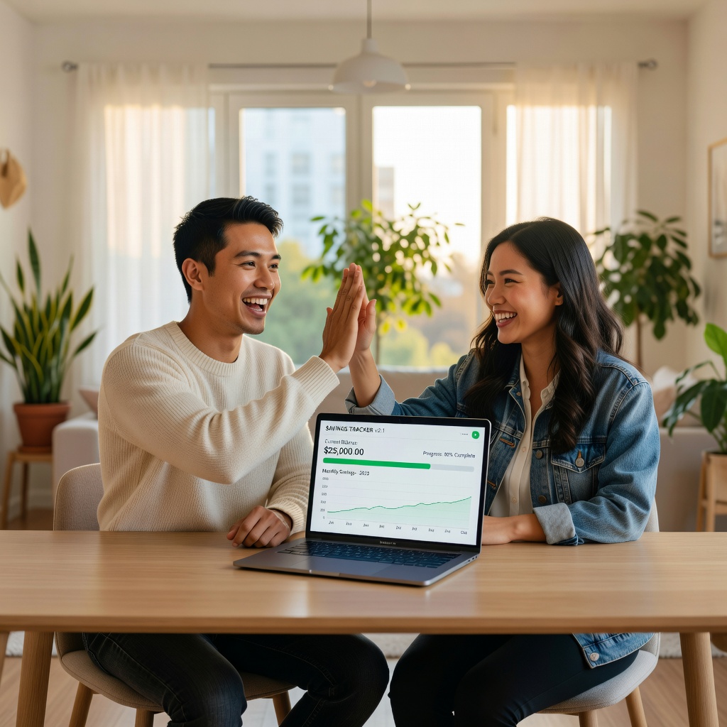 Young Asian man and his girlfriend celebrating at a laptop, high-fiving over financial progress visible on screen