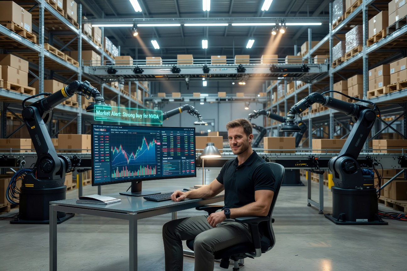 Young man studying stock charts on a laptop with robotic manufacturing equipment visible in the background