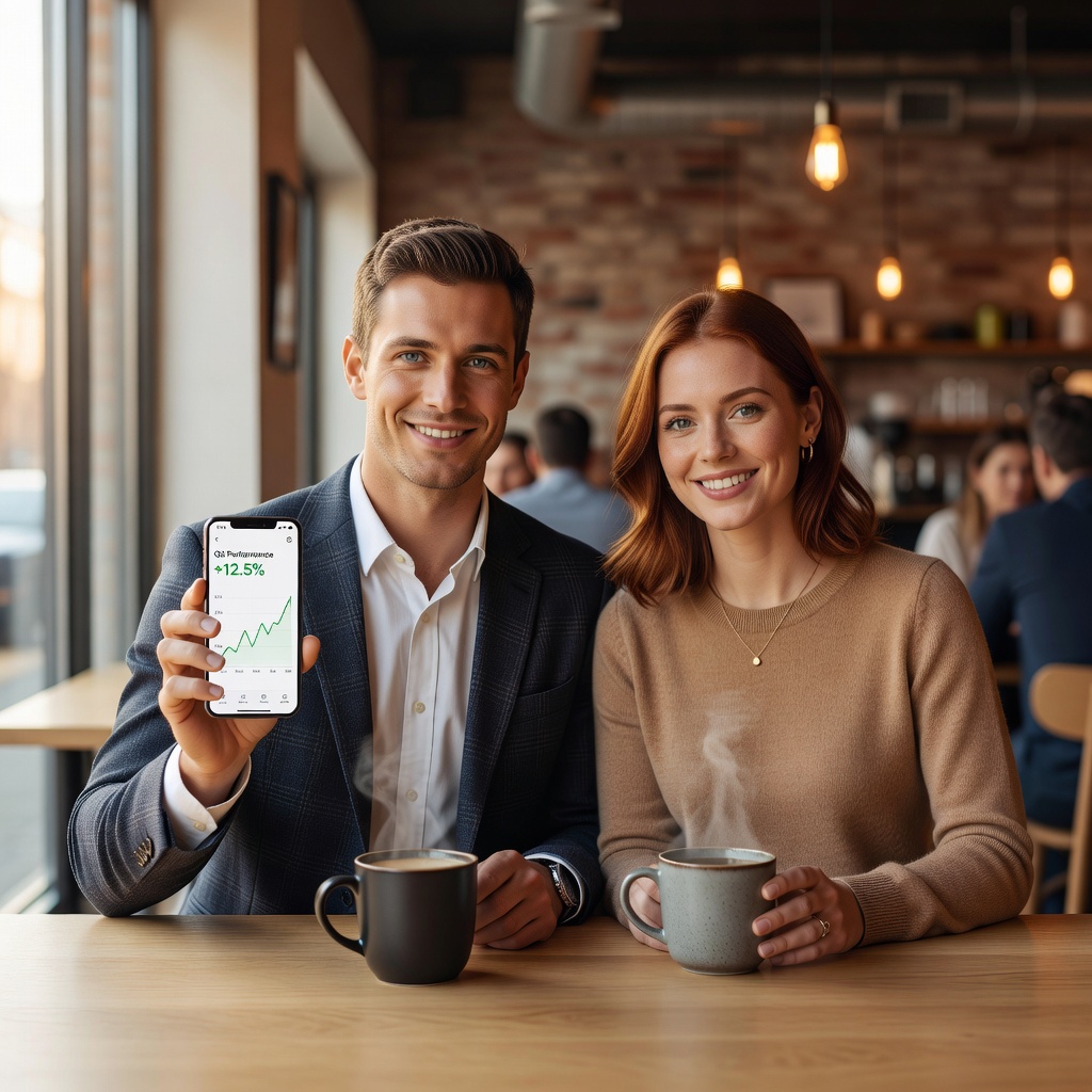 A cheerful young White man reviewing an investment portfolio on his phone at a coffee shop
