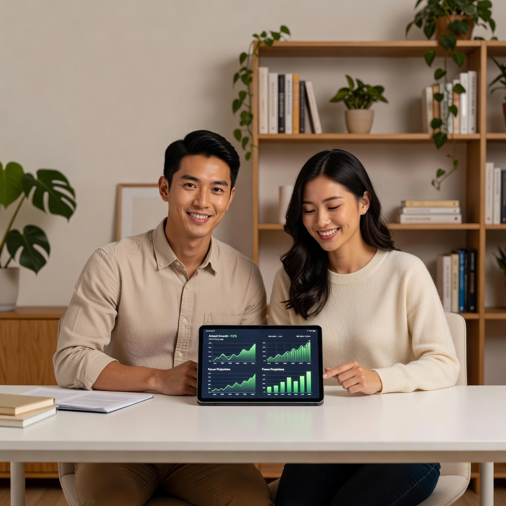 An Asian man and his girlfriend smiling while looking at financial growth charts together on a tablet