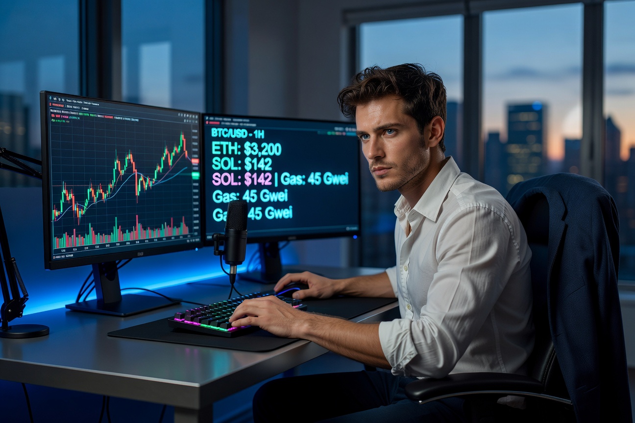 Young man studying crypto trading platform on dual monitors late at night