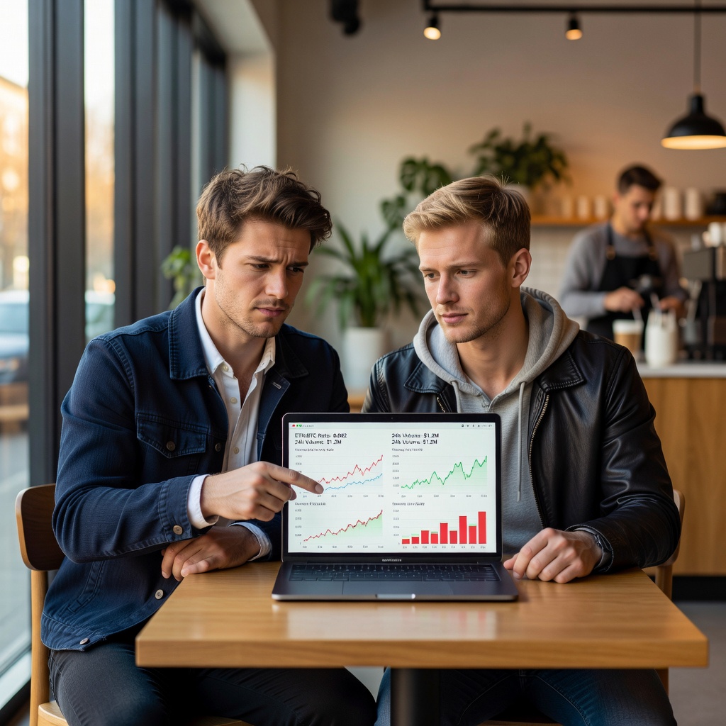 Two young White men at a coffee shop analyzing crypto charts on a laptop together