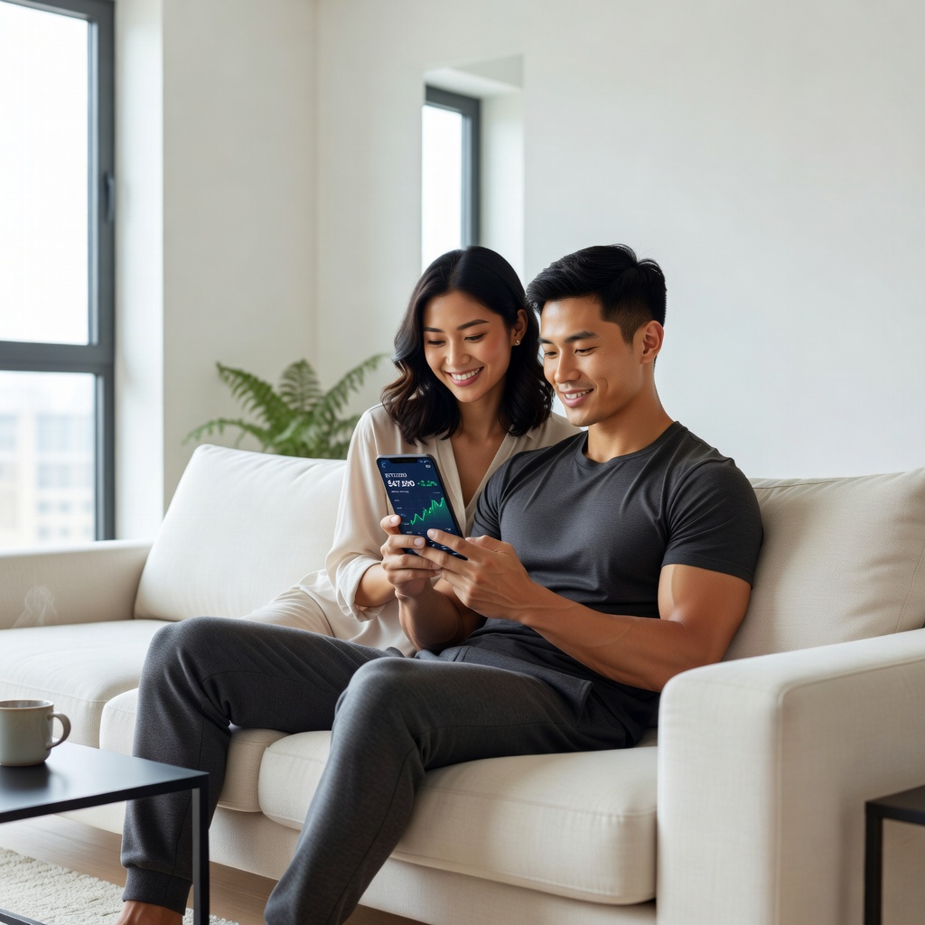 Young Asian man reviewing his crypto portfolio on a smartphone with a cheerful girlfriend looking on