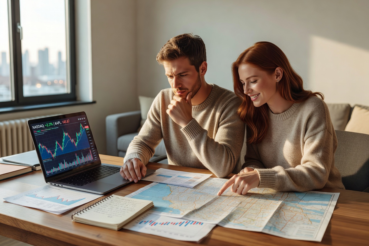 Young man studying financial charts and a city map spread across a desk