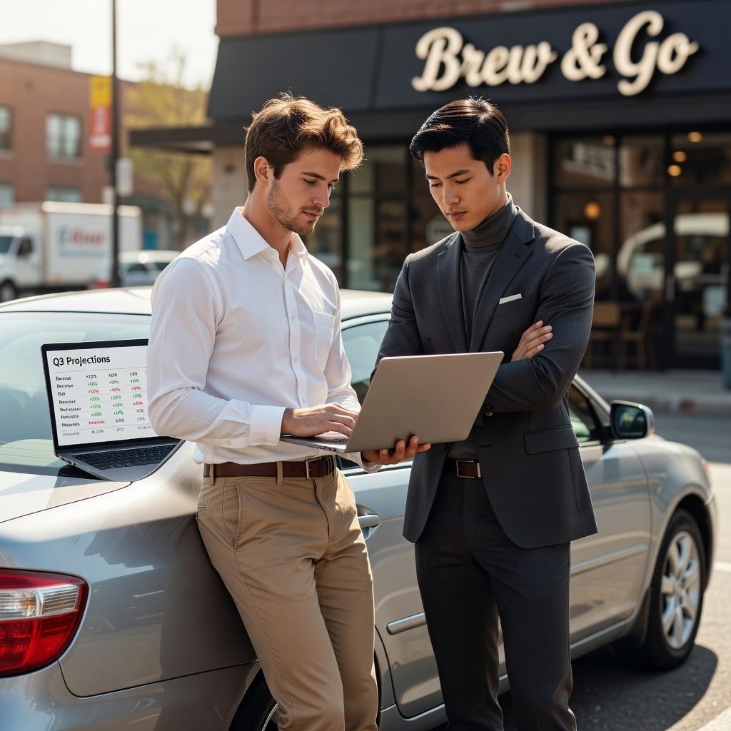 Two good-looking young White men comparing car options on a laptop at a coffee shop