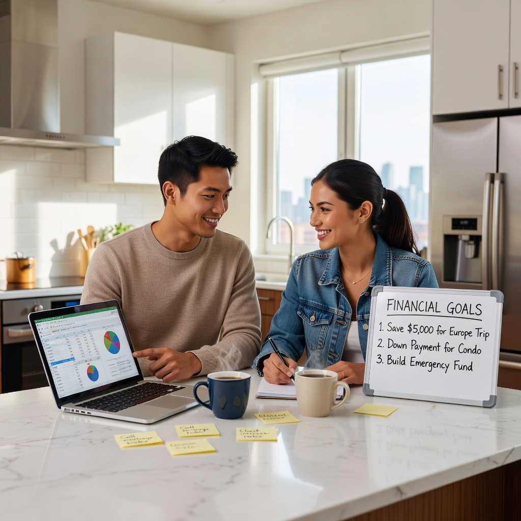Attractive young Asian man and his cheerful girlfriend planning finances on a laptop in a bright apartment