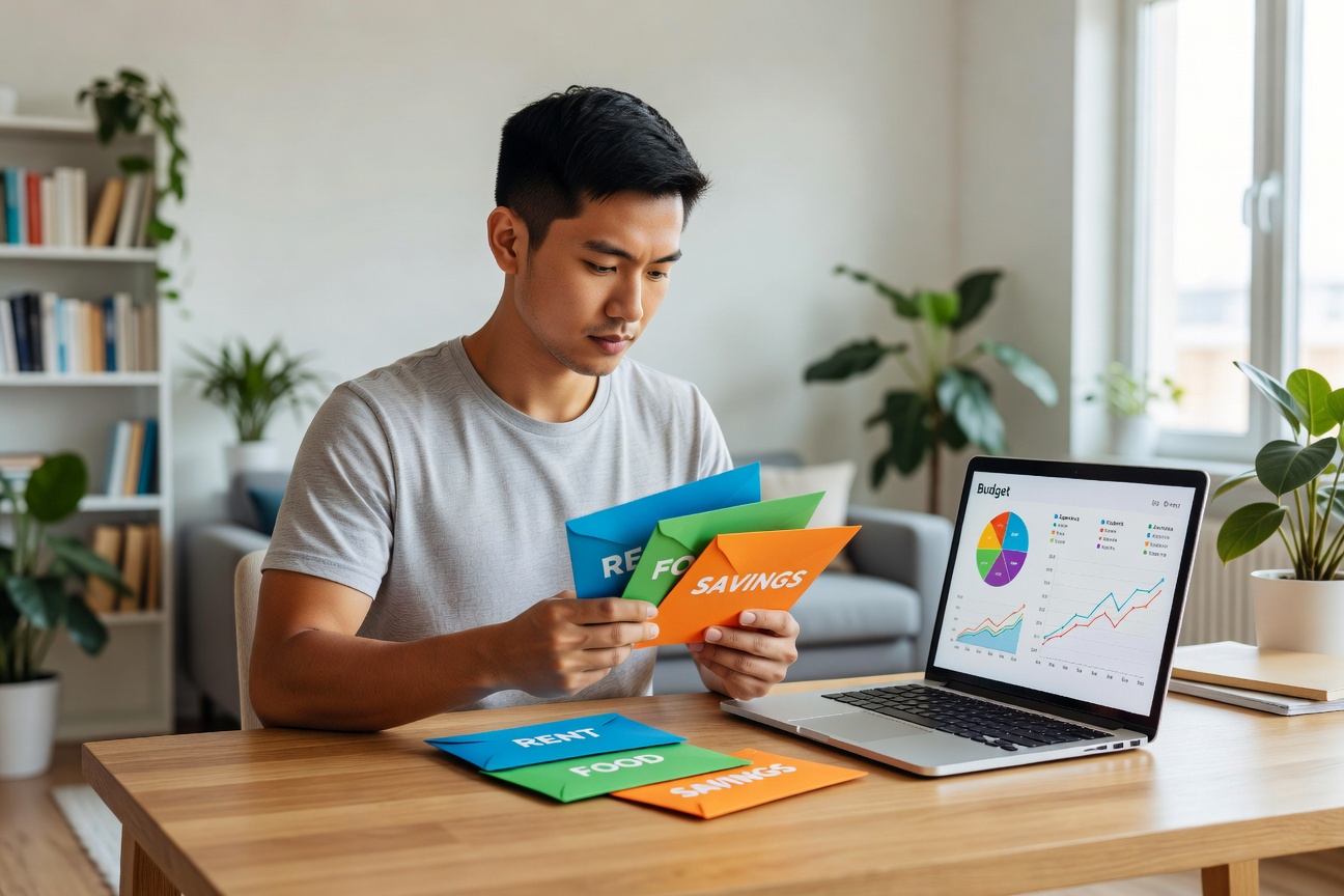 Young Asian man confidently organizing cash envelopes at a modern desk with budget charts on laptop