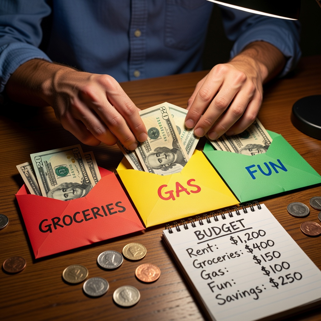Close-up of hands stuffing colorful envelopes with cash labeled for rent, food, and fun