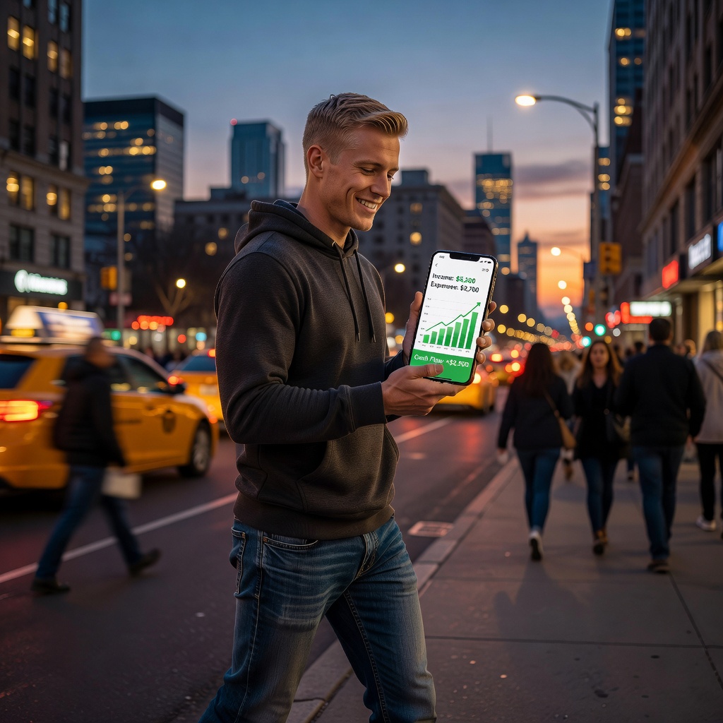Young White man reviewing budget app on phone while walking in city, looking determined