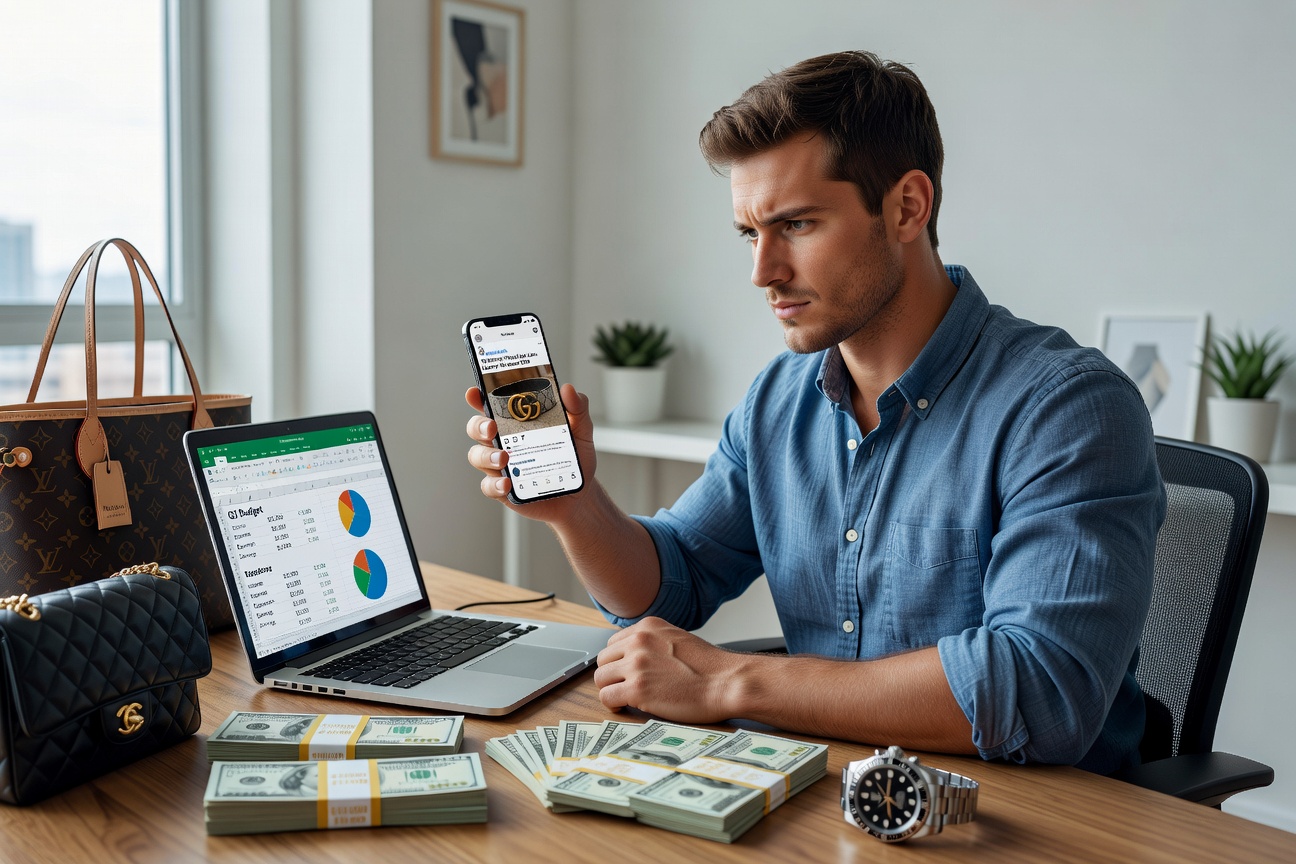 Attractive young White man looking skeptically at a budgeting app on his smartphone, sitting at a modern desk