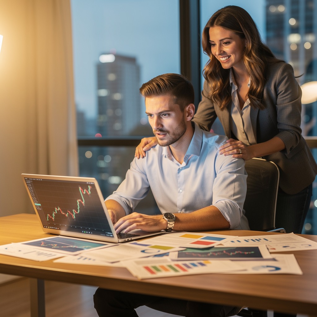 Young man reviewing financial documents at a desk with charts and graphs